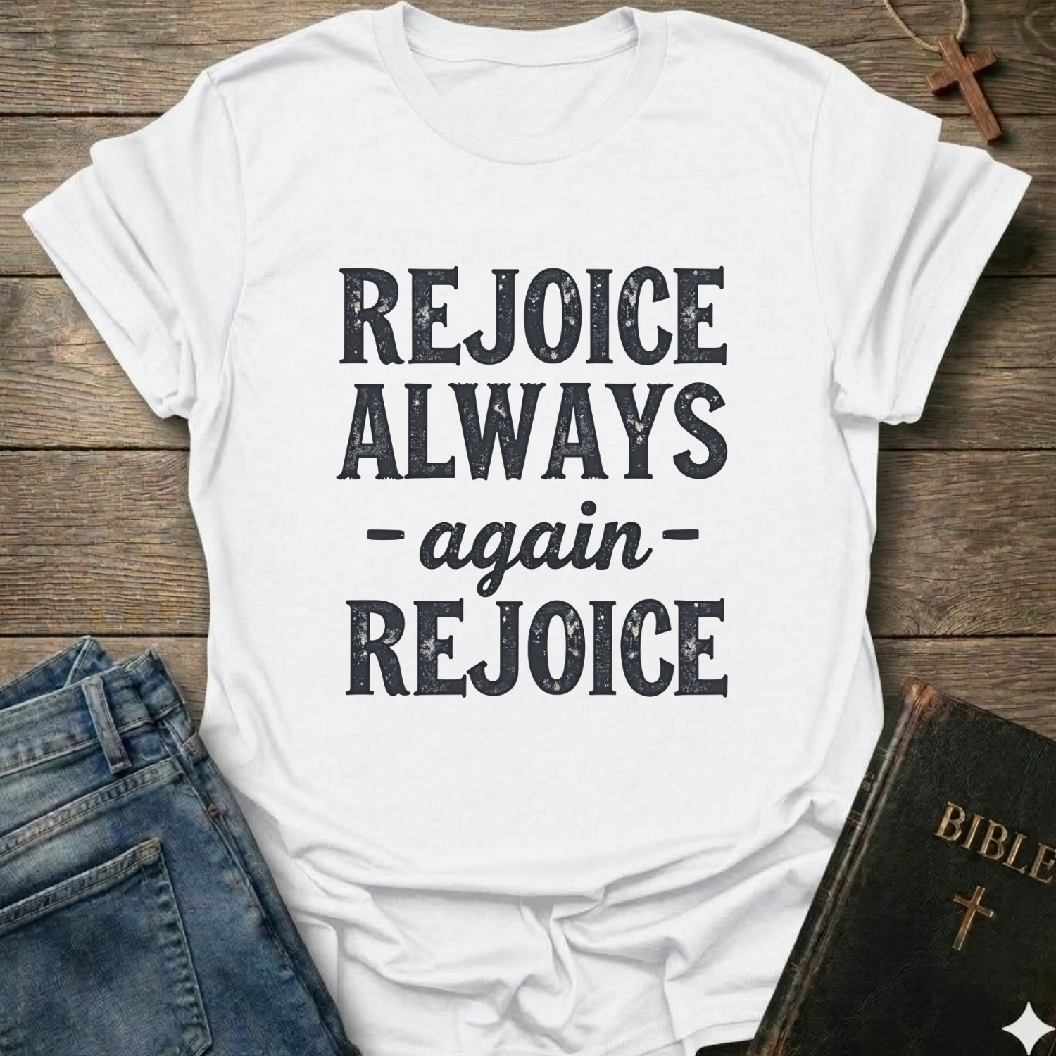 White t-shirt with 'REJOICE ALWAYS again REJOICE' text Philippians 4:4 bold faith apparel Faith Forward on a wooden surface with jeans and a Bible.