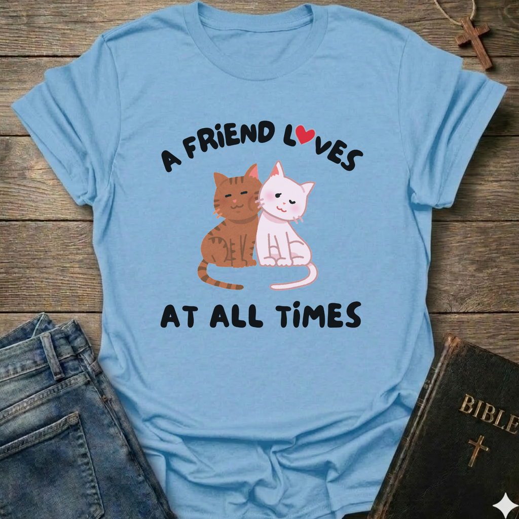 Light blue t-shirt with cat graphic and text A Friend Loves at All Times Christian T-Shirt illustrated Proverbs 17:17 faith apparel conversation starter
on a wooden surface