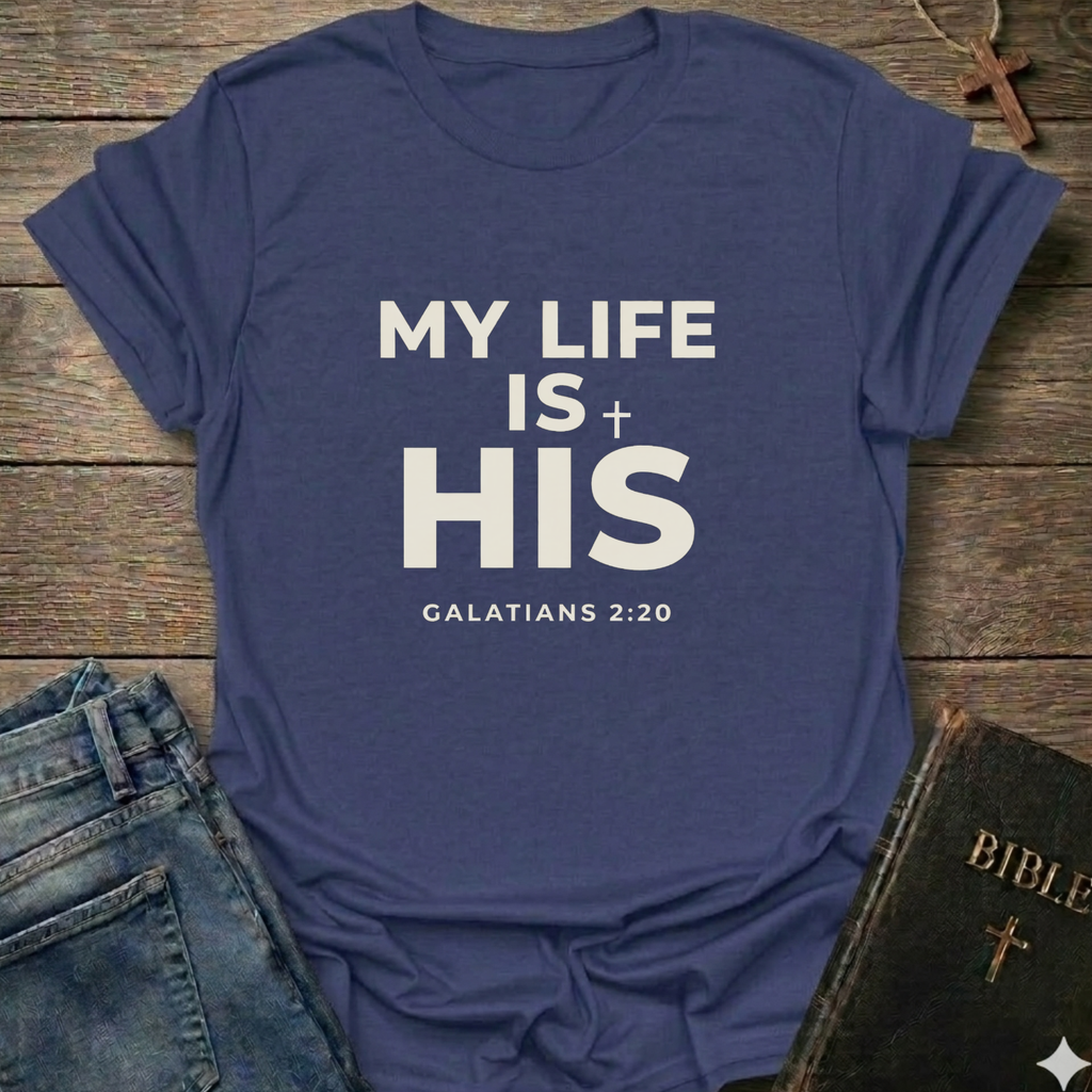 Purple t-shirt with 'My Life Is His'  Christian T-Shirt Galatians 2:20 bold faith apparel Faith Forward text on a wooden surface with jeans and a Bible.