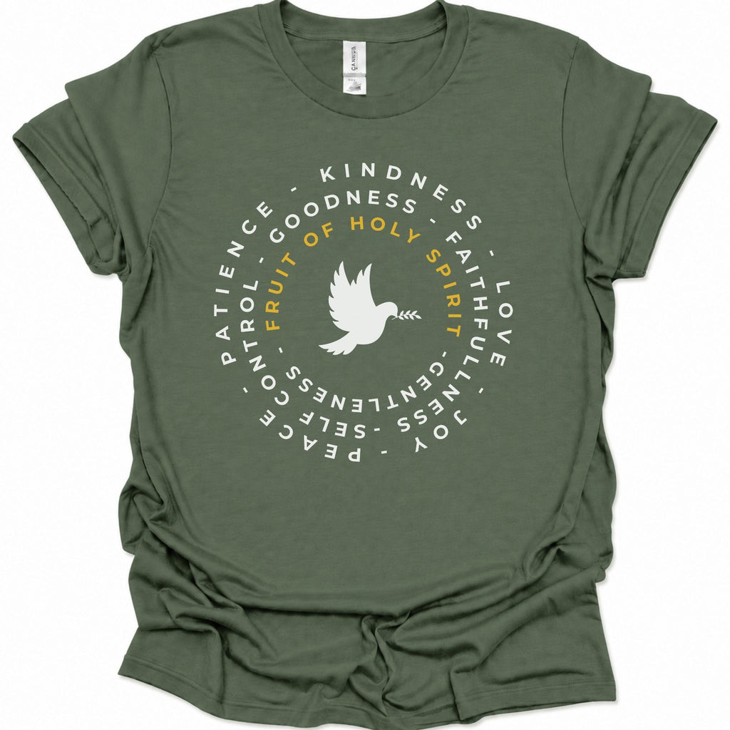 An military green short-sleeve t-shirt with a circular graphic on the chest featuring a white dove and the words 'Fruit of Holy Spirit' in yellow, surrounded by white words including Patience, Kindness, and Love.