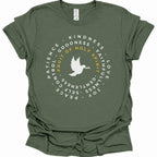 An military green short-sleeve t-shirt with a circular graphic on the chest featuring a white dove and the words 'Fruit of Holy Spirit' in yellow, surrounded by white words including Patience, Kindness, and Love.