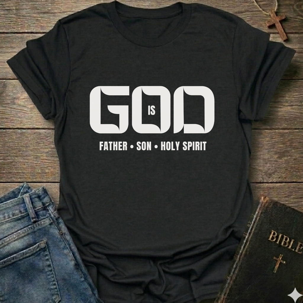 A black short-sleeve graphic T-shirt laid flat on a rustic wooden surface, styled with blue jeans, a Bible, and a cross. The shirt has large white text reading 'GOD IS' with 'FATHER • SON • HOLY SPIRIT' underneath.