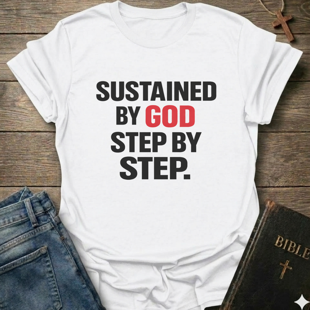 Sustained by God Step by Step front print Christian T-Shirt dark grey bold faith apparel Faith Forward
