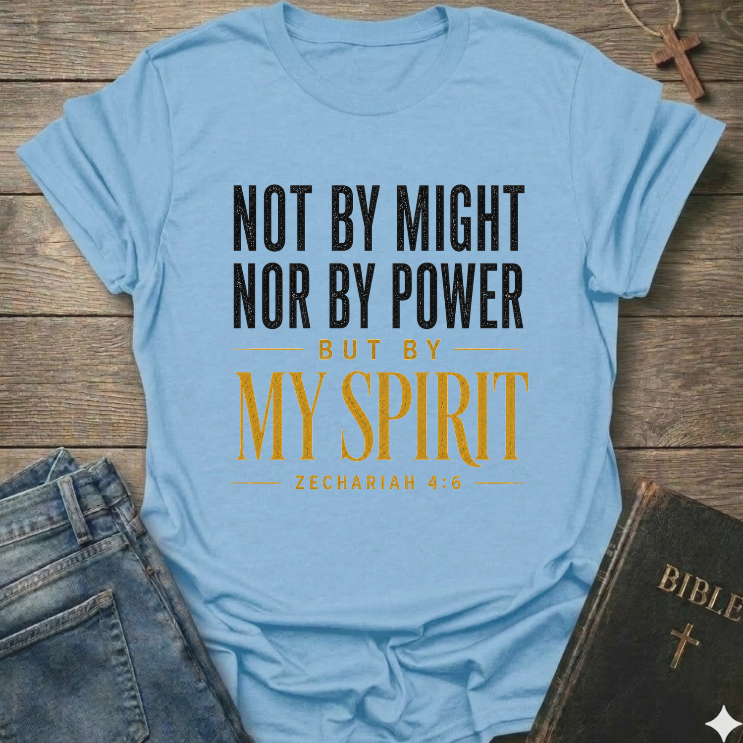 A light blue graphic t-shirt laid flat on a rustic wooden surface, styled with blue jeans and a black leather Bible. The t-shirt features the text 'NOT BY MIGHT NOR BY POWER BUT BY MY SPIRIT ZECHARIAH 4:6' in black and mustard yellow lettering.