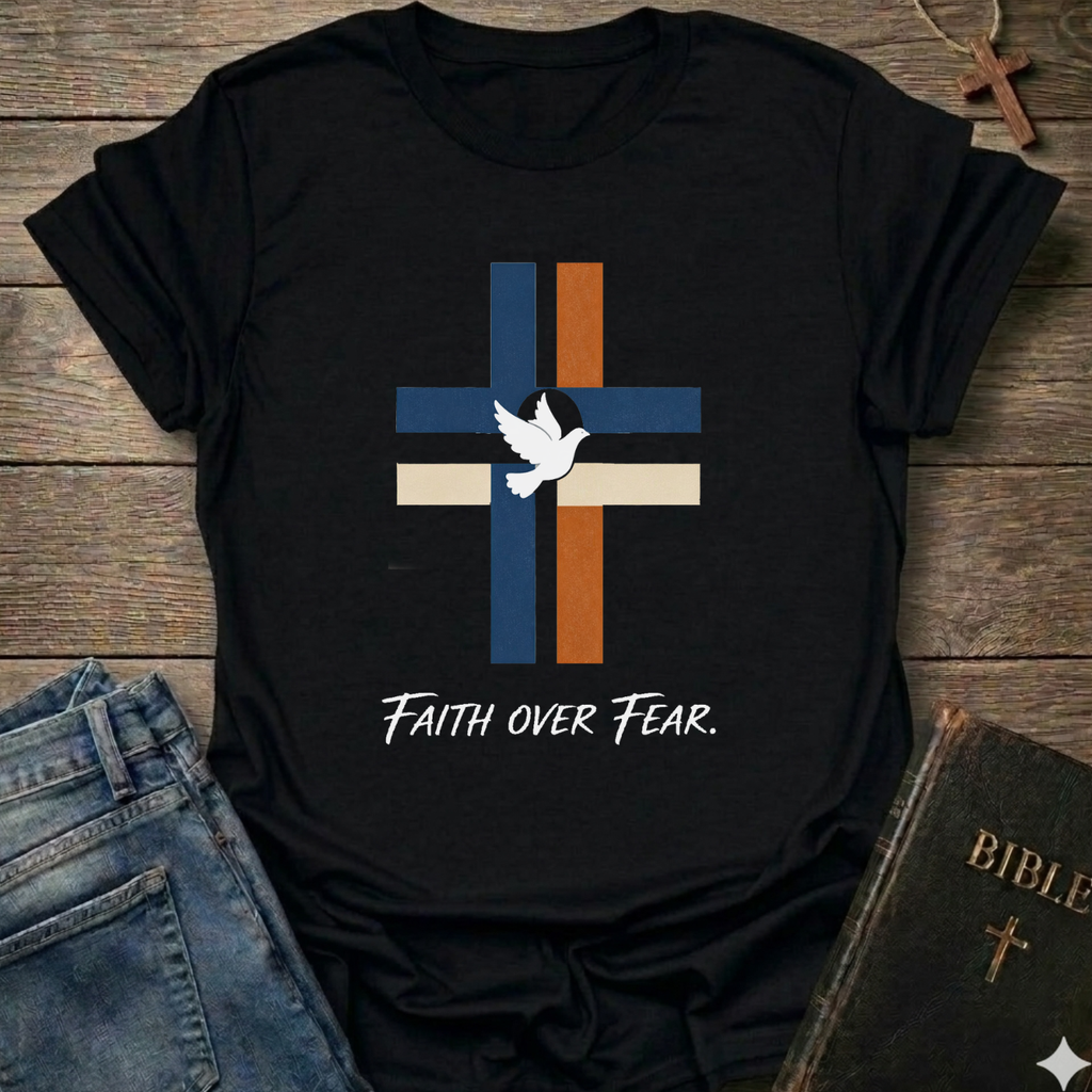 Faith over Fear Cross Dove Christian T-Shirt white faith apparel conversation starter