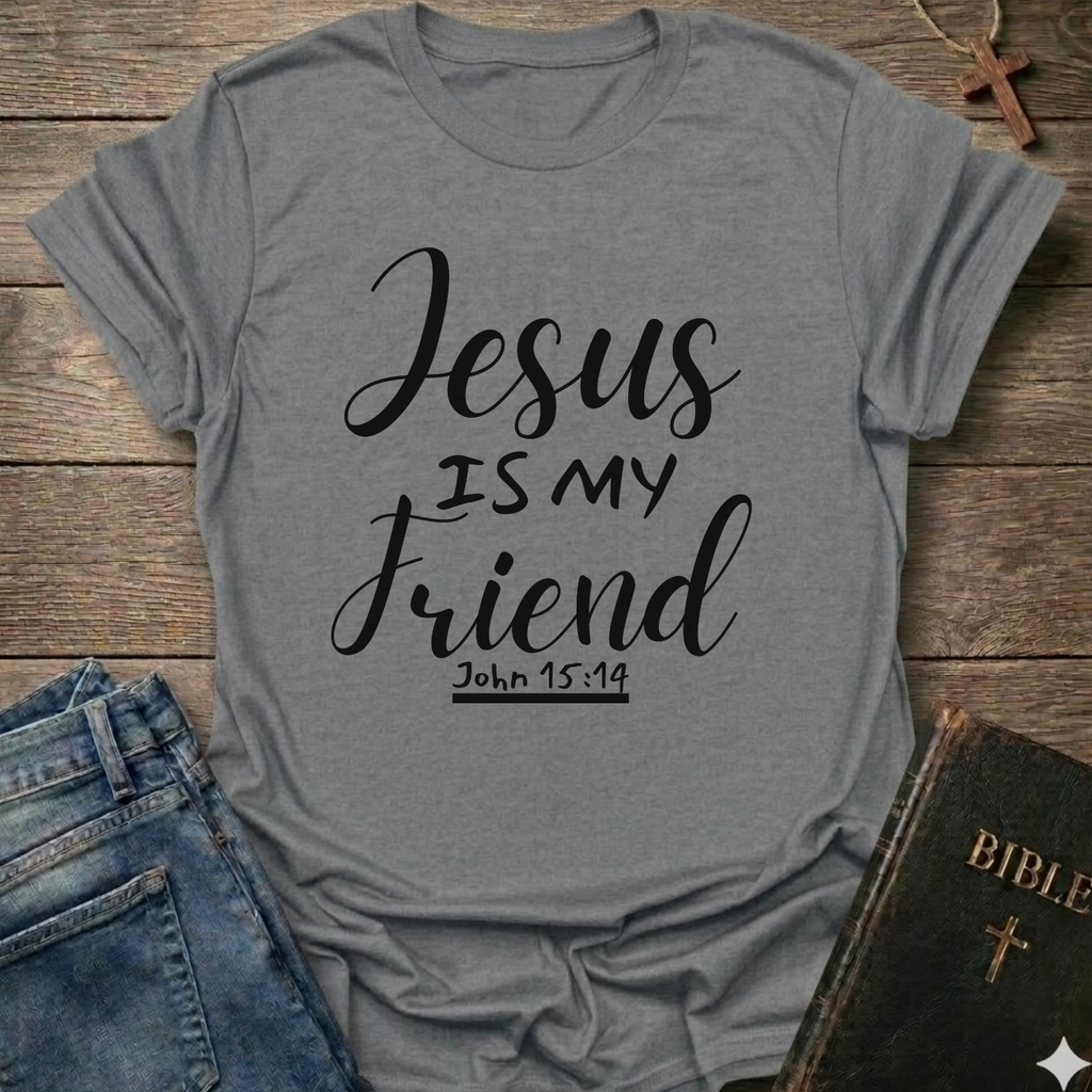 Gray t-shirt with 'Jesus is my friend' text on a wooden surface with jeans and a Bible. Jesus is My Friend Christian T-Shirt John 15:14 bold faith apparel Faith Forward