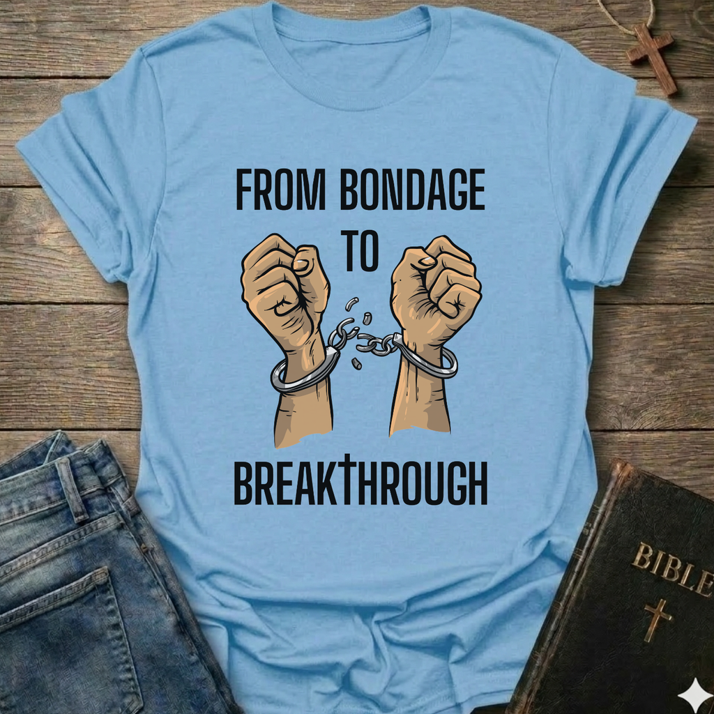 Blue t-shirt with text 'From Bondage to Breakthrough' Christian T-Shirt and broken chains graphic faith apparel conversation starter
on a wooden surface.