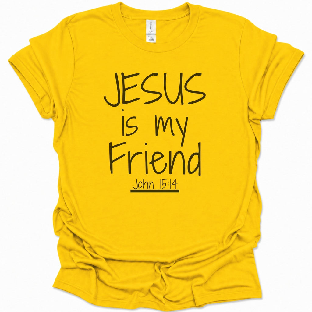 A daisy yellow short-sleeve t-shirt with the phrase 'JESUS is my Friend' and 'John 15:14' printed in black text on the front, displayed against a clean white background.