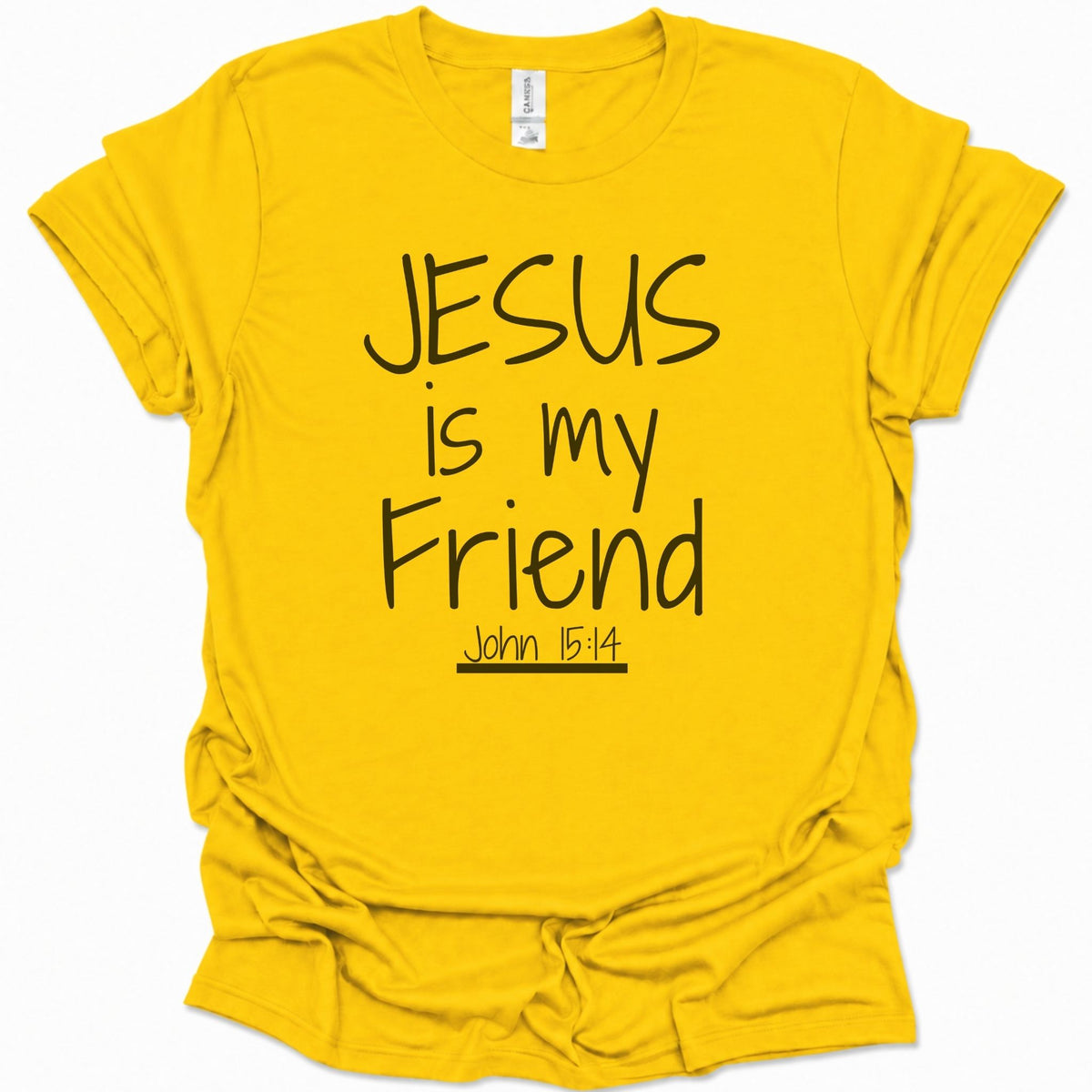 A daisy yellow short-sleeve t-shirt with the phrase 'JESUS is my Friend' and 'John 15:14' printed in black text on the front, displayed against a clean white background.