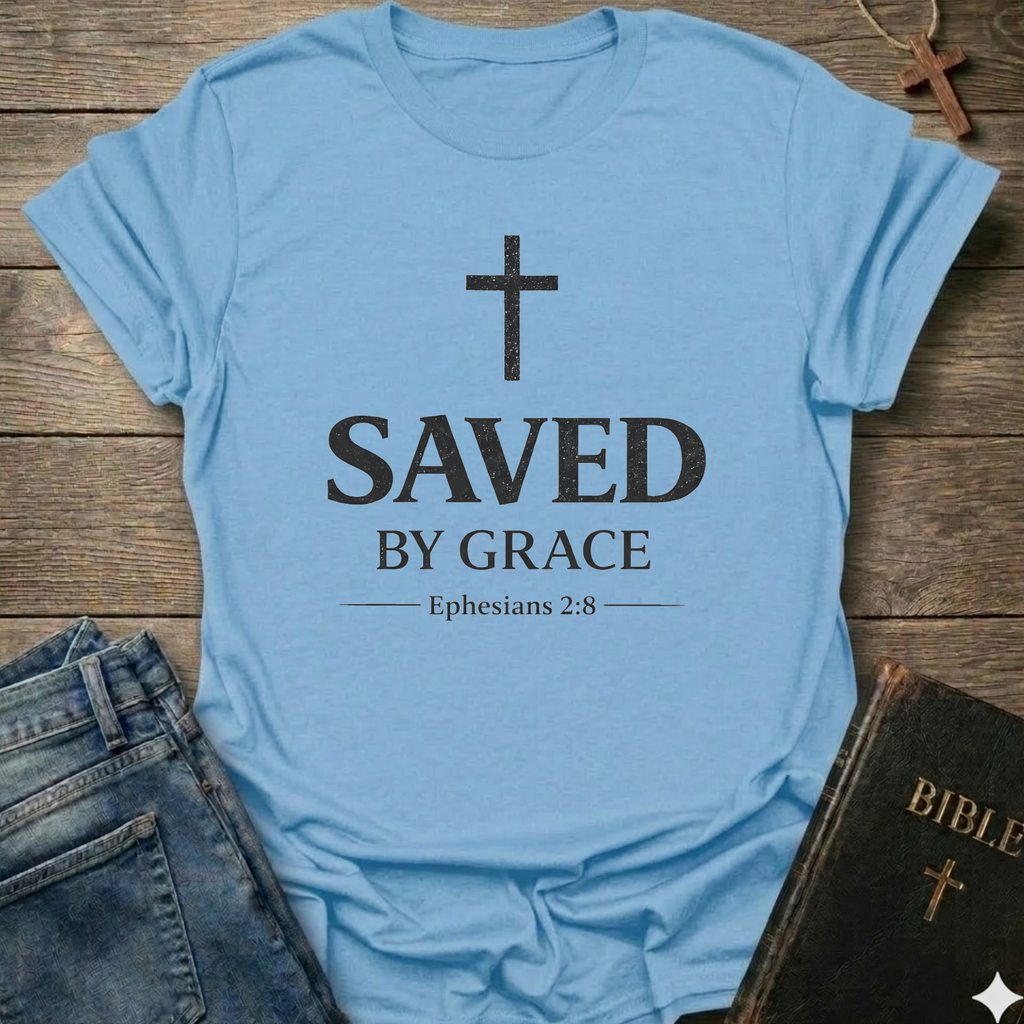 Light blue Christian t-shirt with 'Saved by Grace' text and cross reference Ephesians 2:8 scripture faith apparel conversation starter  on a wooden surface with jeans and a Bible. 