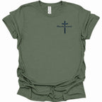 A military green short-sleeve t-shirt with a small navy blue cross and the word 'Redeemed' printed on the left chest, displayed on a clean white background.