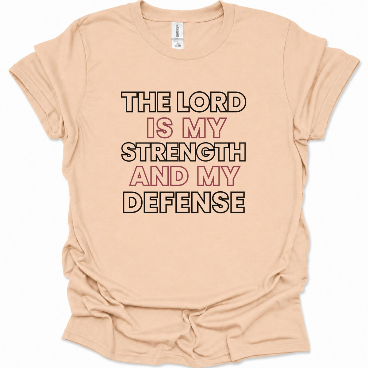 A light natural-colored short-sleeve t-shirt with a graphic text print reading 'THE LORD IS MY STRENGTH AND MY DEFENSE' in black and dusty pink lettering, laid flat against a white background.