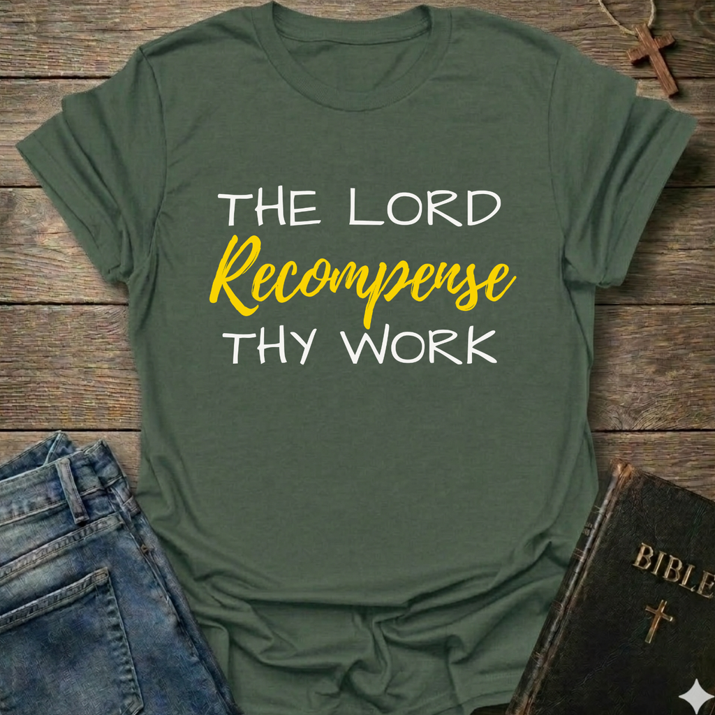 Military Green t-shirt with "The Lord Recompense Thy Work" Ruth 2:12 black gold text faith apparel Faith Forward on a wooden surface with jeans and a Bible.