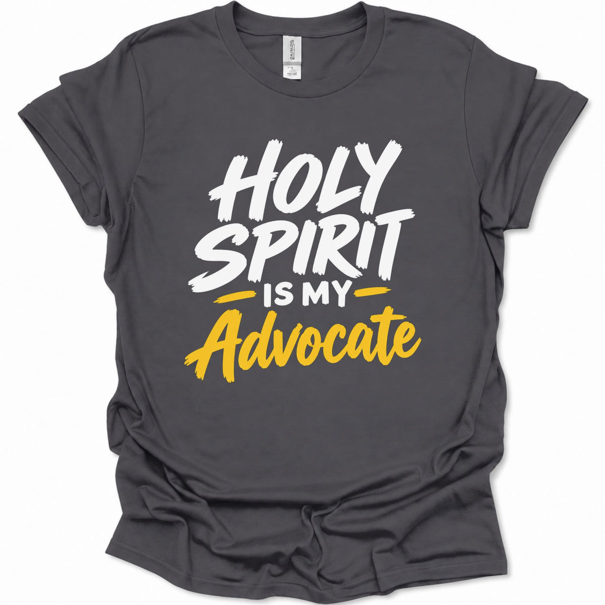 A dark heather gray short-sleeve t-shirt with a graphic print that reads 'HOLY SPIRIT IS MY Advocate' in white and yellow lettering, displayed on a clean white background.