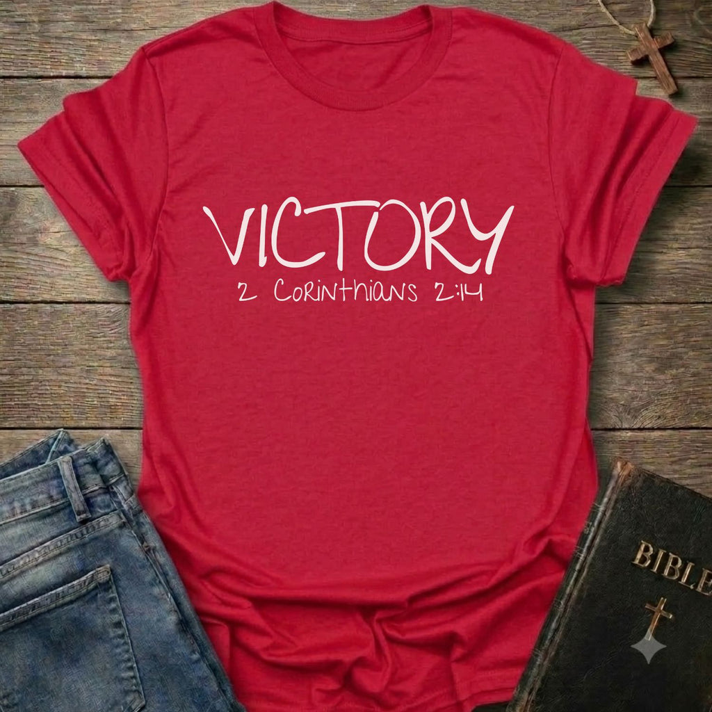 A red short-sleeve t-shirt with 'VICTORY 2 CORINTHIANS 2:14' printed in white on the front, styled in a flat lay with blue jeans and a Bible on a rustic wooden background.
