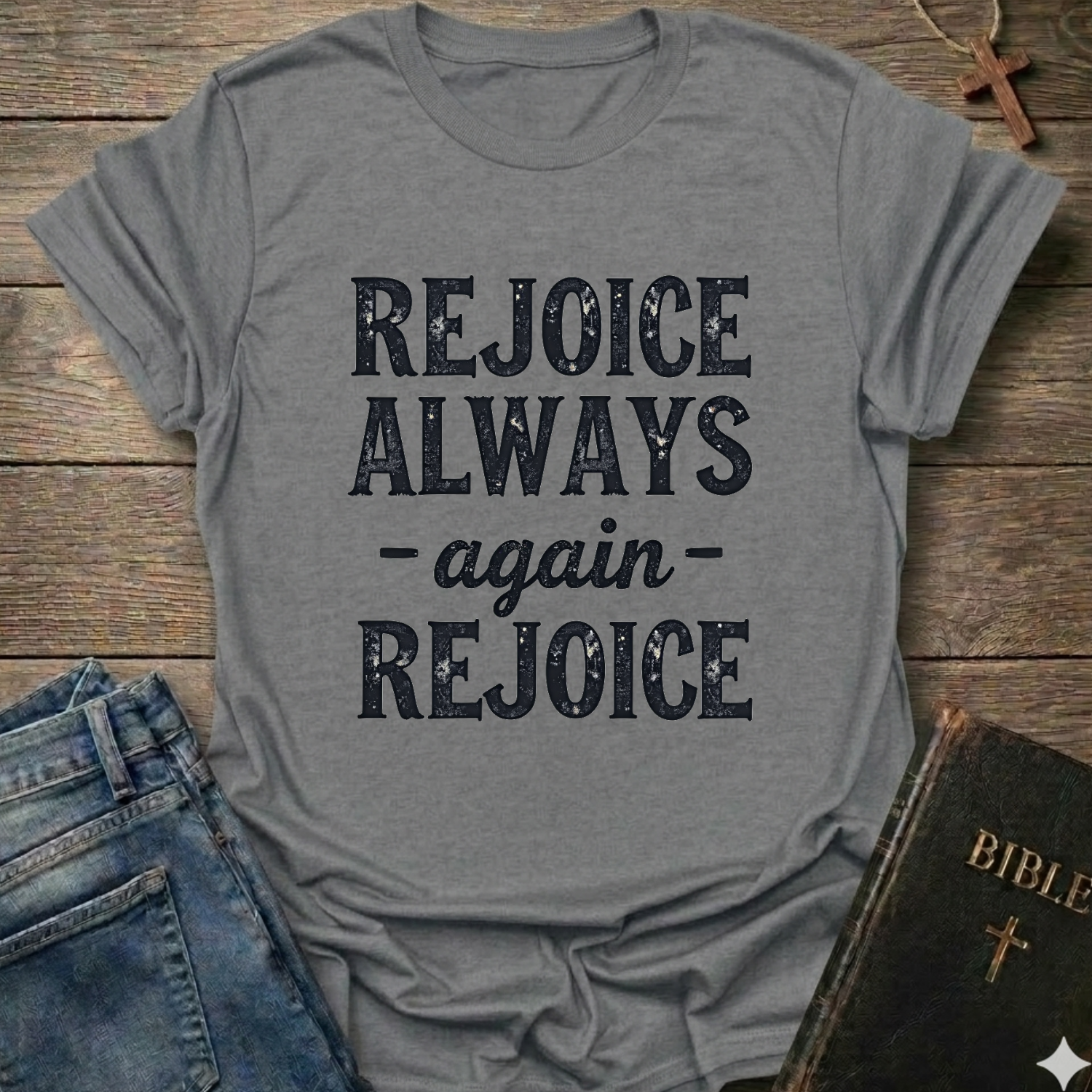 Gray t-shirt with 'REJOICE ALWAYS again REJOICE' text Philippians 4:4 bold faith apparel Faith Forward on a wooden surface with jeans and a Bible.