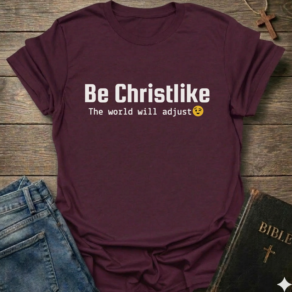 Maroon t-shirt with 'Be Christlike The world will adjust' text on a wooden surface with jeans and a Bible.