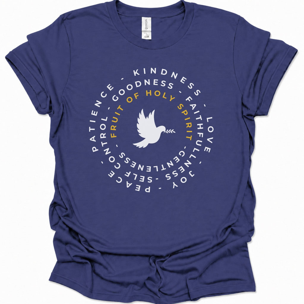 A purple short-sleeve t-shirt with a circular graphic on the chest featuring a white dove and the words 'FRUIT OF HOLY SPIRIT' in yellow, surrounded by white words including patience, kindness, and love.