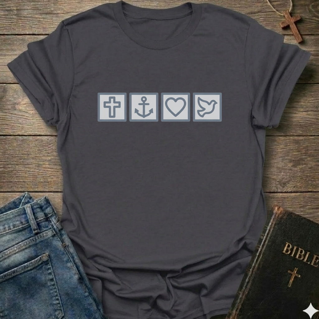 Gray t-shirt with Biblical Relatable Symbols Christian T-Shirt faith apparel conversation starter on a wooden surface with jeans and a Bible.