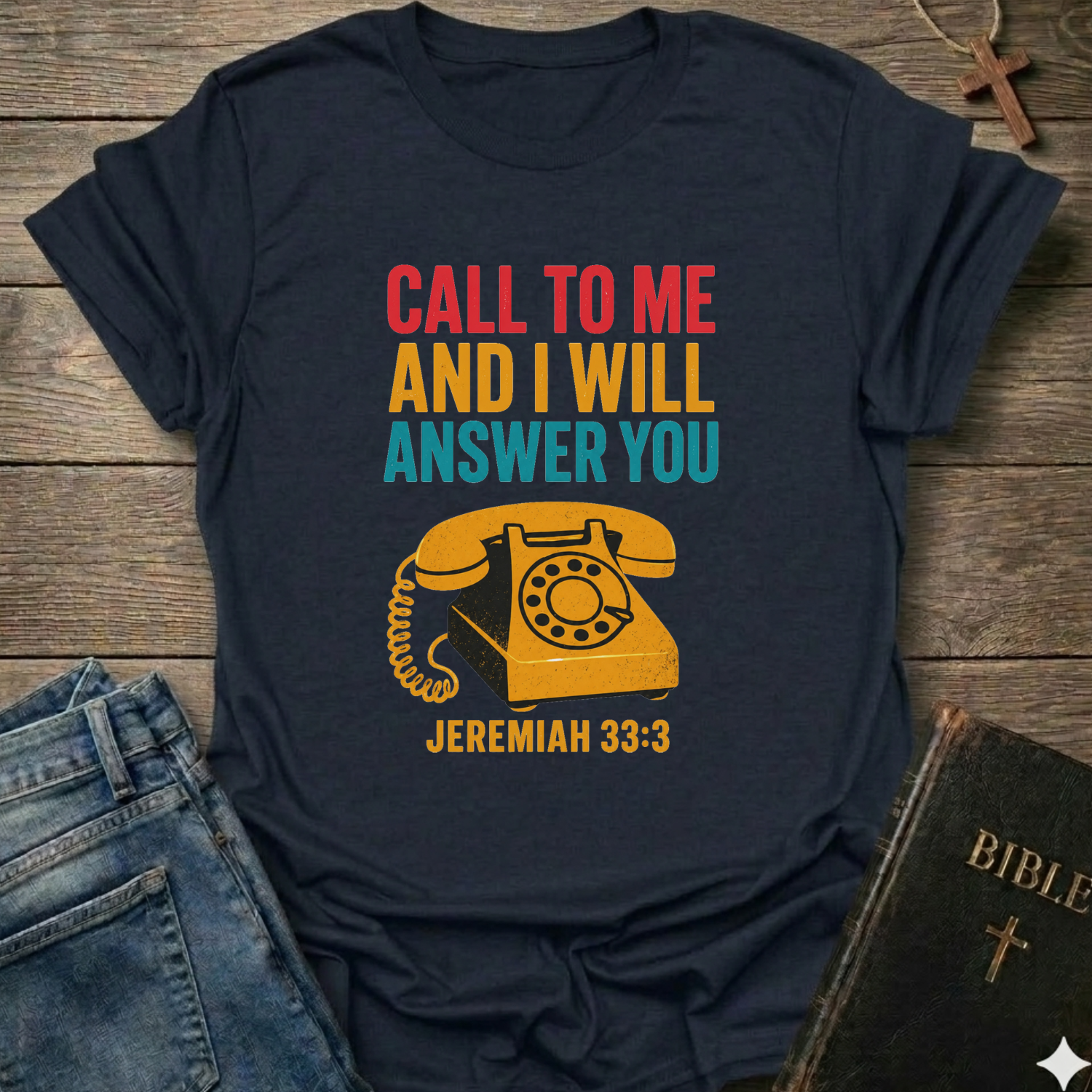 Navy blue t-shirt with vintage phone graphic and text Call to Me and I Will Answer You Jeremiah 33:3 retro phone faith Christian apparel conversation starter on a wooden surface with jeans and a Bible.