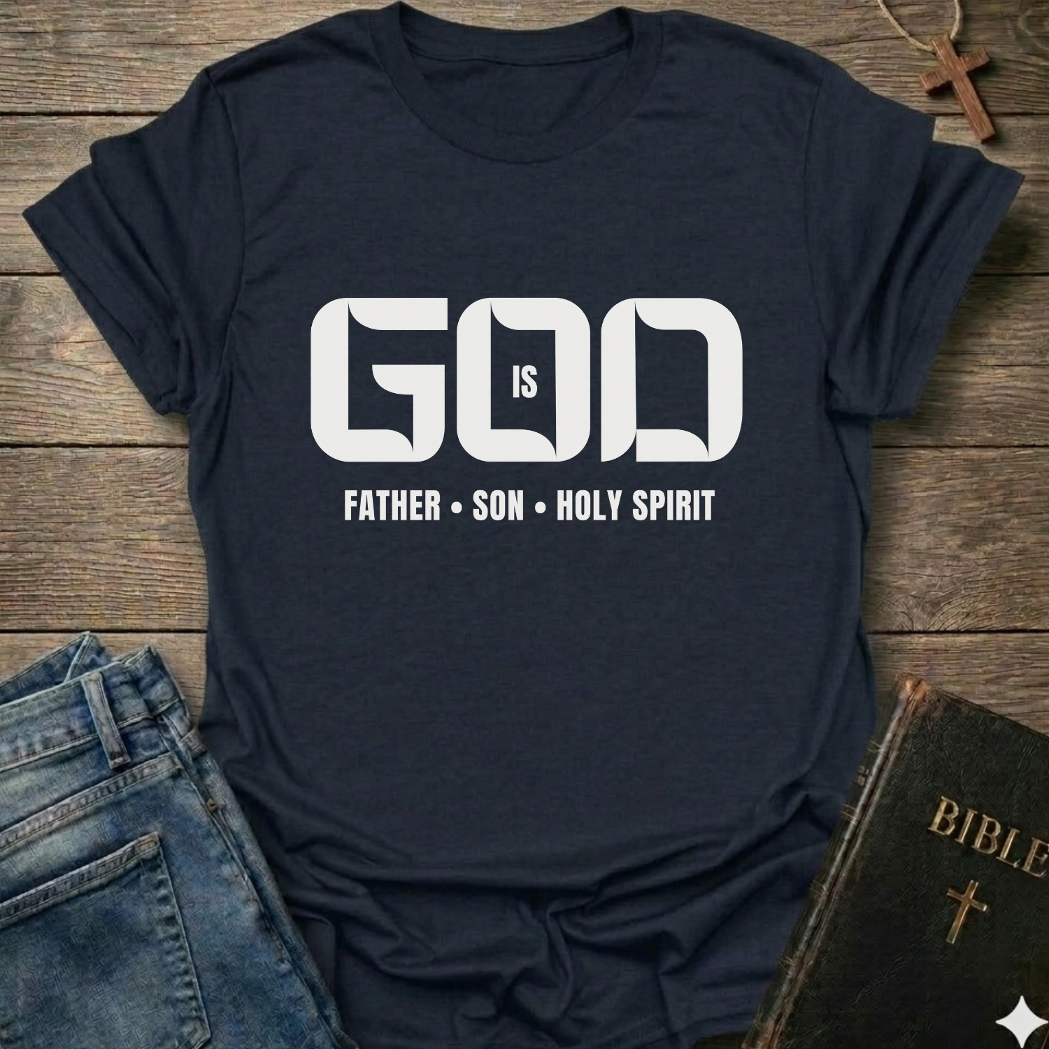 A navy short-sleeve graphic T-shirt laid flat on a rustic wooden surface, styled with blue jeans, a Bible, and a cross. The shirt has large white text reading 'GOD IS' with 'FATHER • SON • HOLY SPIRIT' underneath.