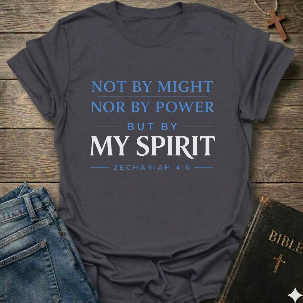 Gray Christian T-Shirt with text Not by Might but by My Spirit  Zechariah 4:6 faith apparel conversation starter inspirational quote on a wooden surface with jeans and a Bible.