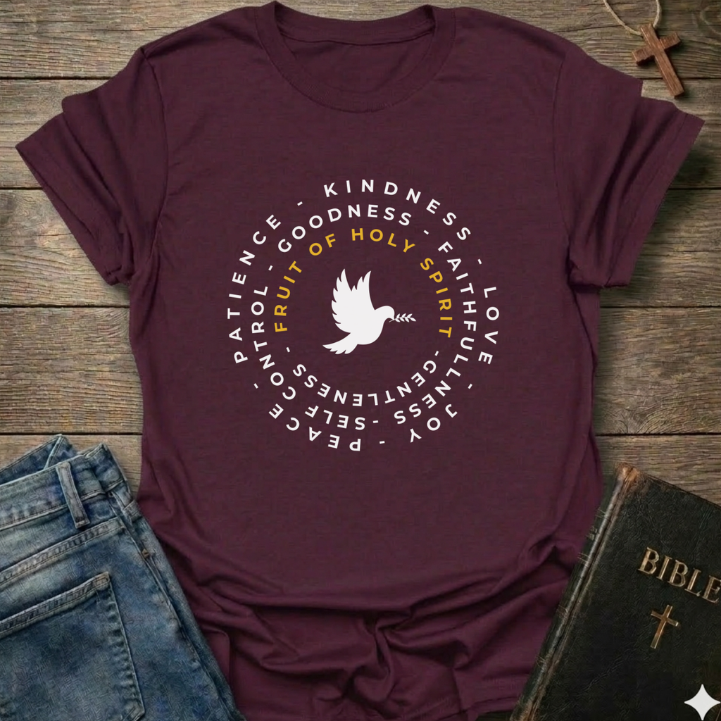 A maroon short-sleeve graphic T-shirt laid flat on a rustic wooden surface, styled with blue jeans and a Bible. The shirt has a circular white and yellow print featuring a dove and the words 'PATIENCE', 'KINDNESS', 'GOODNESS', 'FAITH', 'LOVE', 'JOY', 'PEACE', and 'GENTLENESS', with 'FRUIT OF HOLY SPIRIT' in yellow.