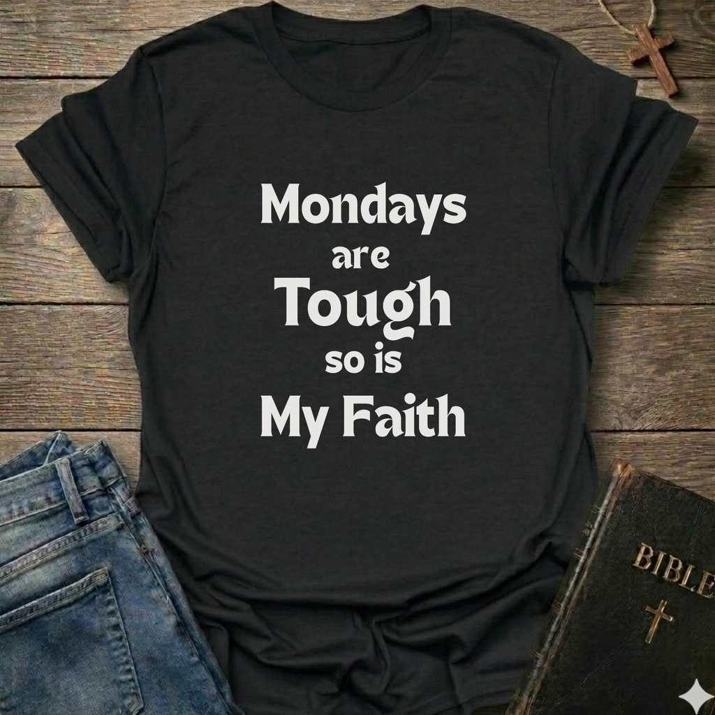 A black short-sleeve graphic T-shirt laid flat on a rustic wooden surface, with white text reading 'Mondays are Tough so is My Faith.' Blue jeans and a dark Bible with a cross are partially visible as styling props.