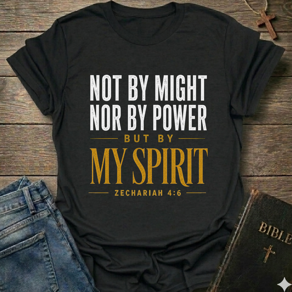 A black graphic t-shirt laid flat on a rustic wooden surface, styled with blue jeans, a Bible, and a cross necklace. The t-shirt features the text 'NOT BY MIGHT NOR BY POWER BUT BY MY SPIRIT ZECHARIAH 4:6' in white and gold lettering.