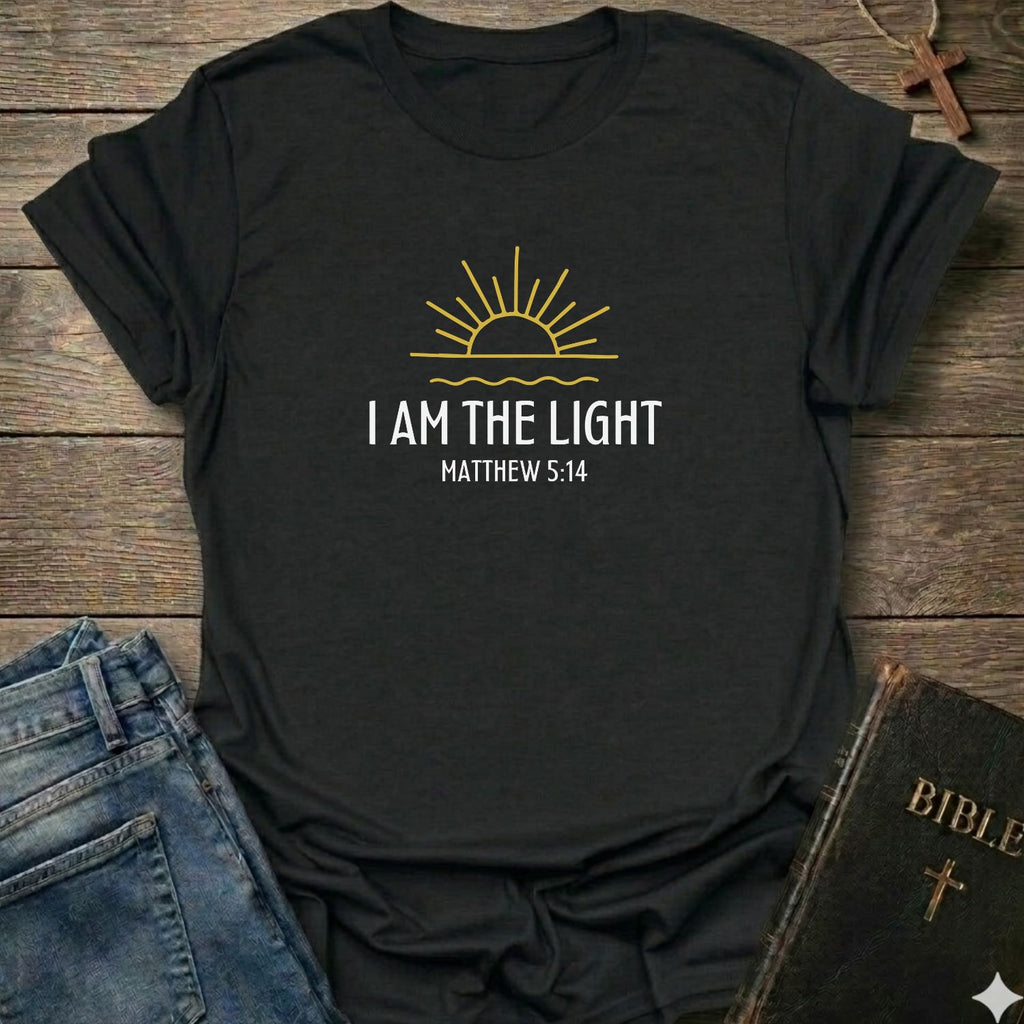 A black short-sleeve T-shirt laid flat on a rustic wooden surface, featuring a gold sun graphic and the text 'I AM THE LIGHT MATTHEW 5:14' in white. Blue jeans and a Bible are partially visible as styling props.