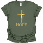 An military green short-sleeve t-shirt with a gold metallic cross graphic and the word 'HOPE' printed below it, displayed on a clean white background.