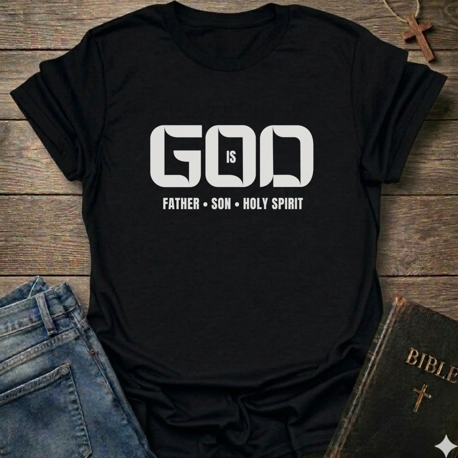 Black t-shirt with 'GOD IS FATHER SON HOLY SPIRIT' text on a wooden surface with jeans and a Bible.