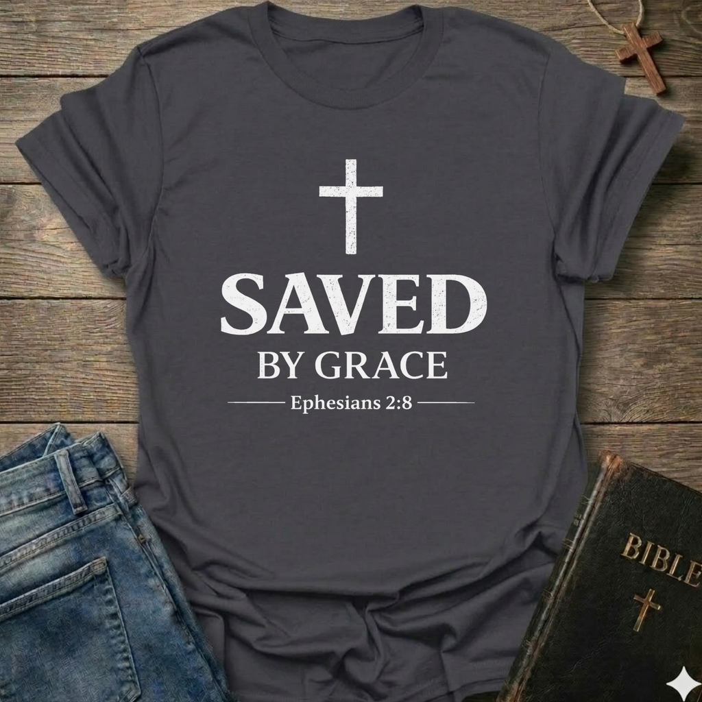 Gray Christian t-shirt with 'Saved by Grace' text and cross reference Ephesians 2:8 scripture faith apparel conversation starter  on a wooden surface with jeans and a Bible. 