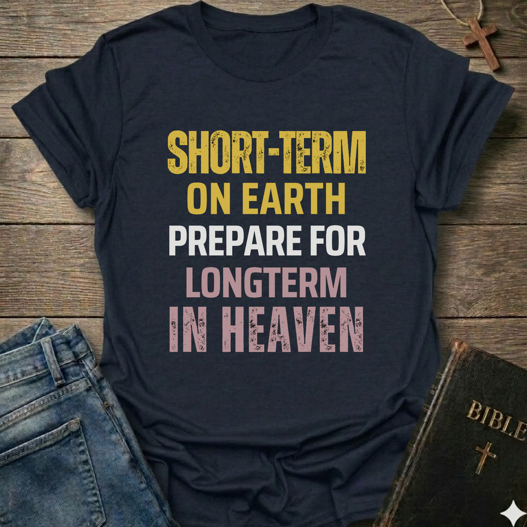Navy blue t-shirt with text "Short Term on Earth Prepare for Long Term in Heaven" Christian T-Shirt bold faith apparel conversation starter, on a wooden surface with jeans and a Bible.