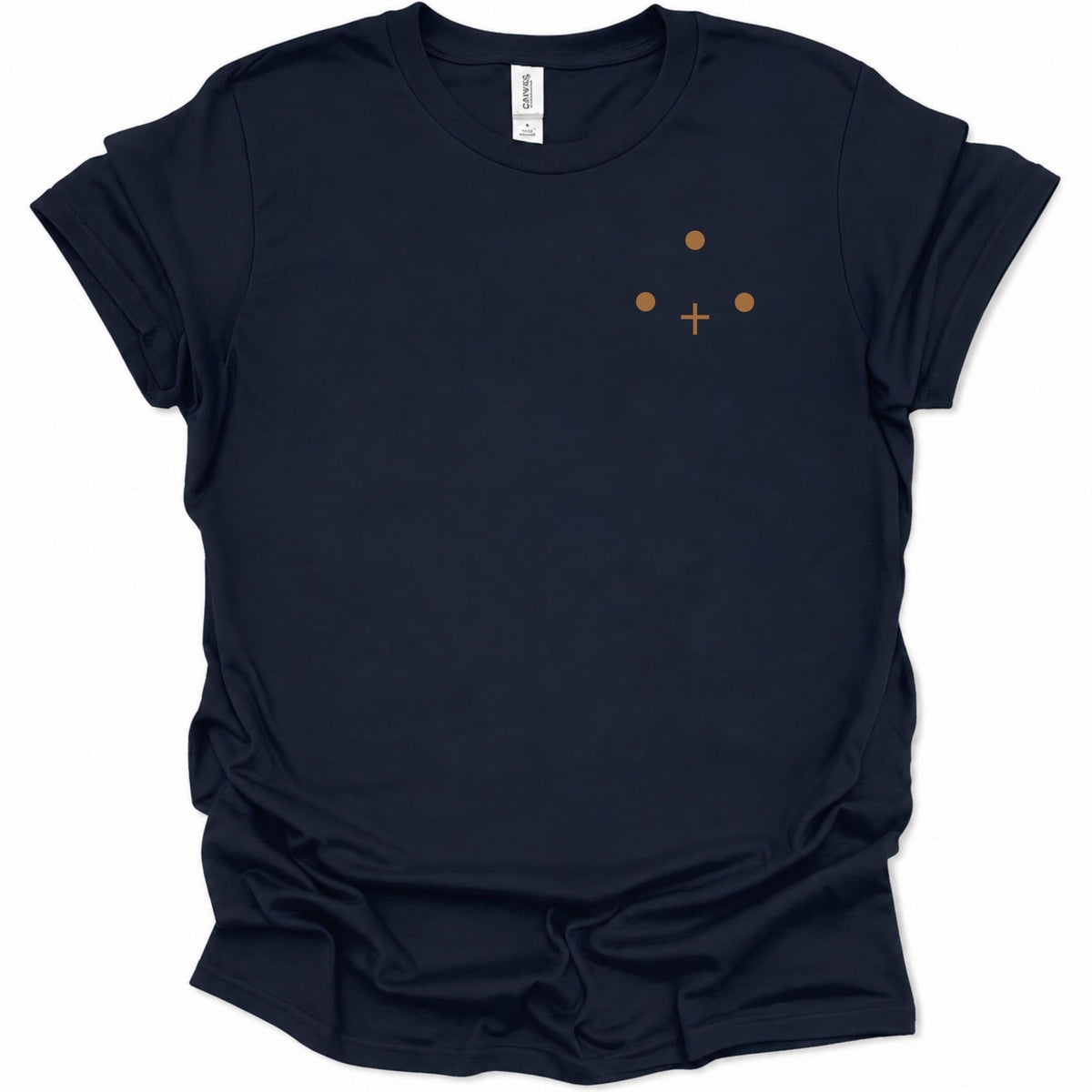 A navy blue short-sleeve t-shirt with a small minimalist graphic on the left chest consisting of three brown dots and a brown cross, displayed on a clean white background.