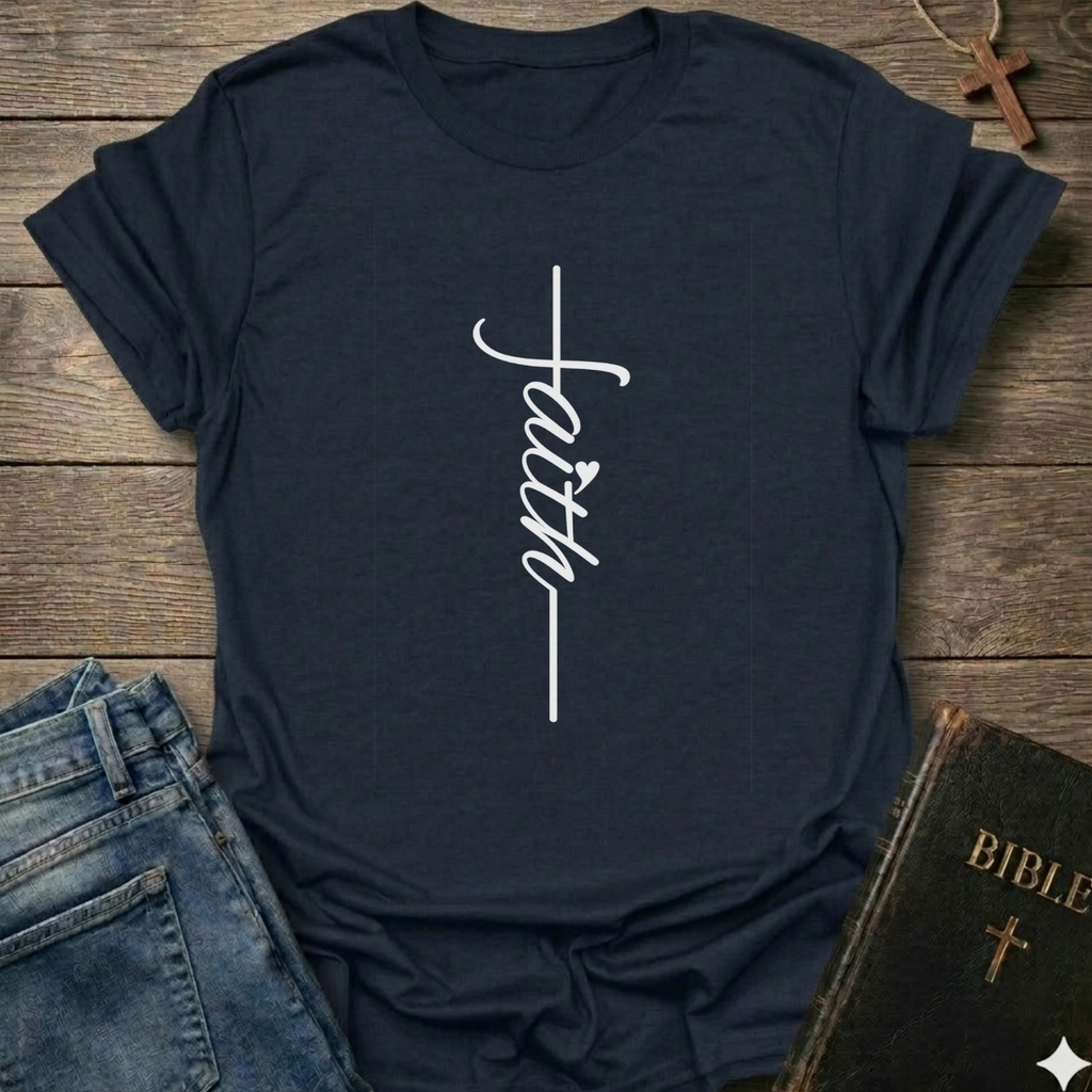 Navy blue t-shirt with 'faith' design on a wooden surface with jeans and a Bible. Faith Minimalist Cross Script Christian T-Shirt bold faith apparel Faith Forward