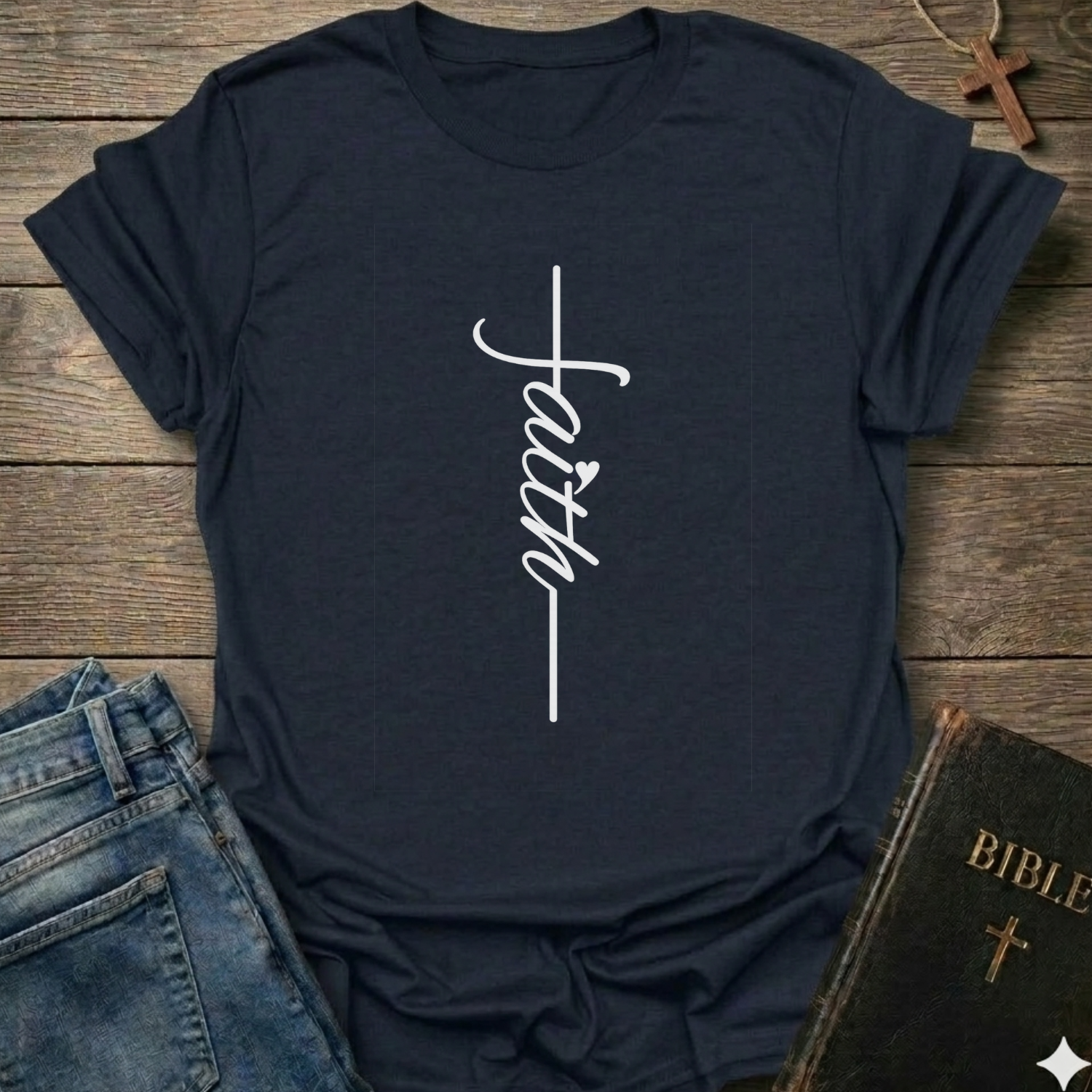 Navy blue t-shirt with 'faith' design on a wooden surface with jeans and a Bible. Faith Minimalist Cross Script Christian T-Shirt bold faith apparel Faith Forward