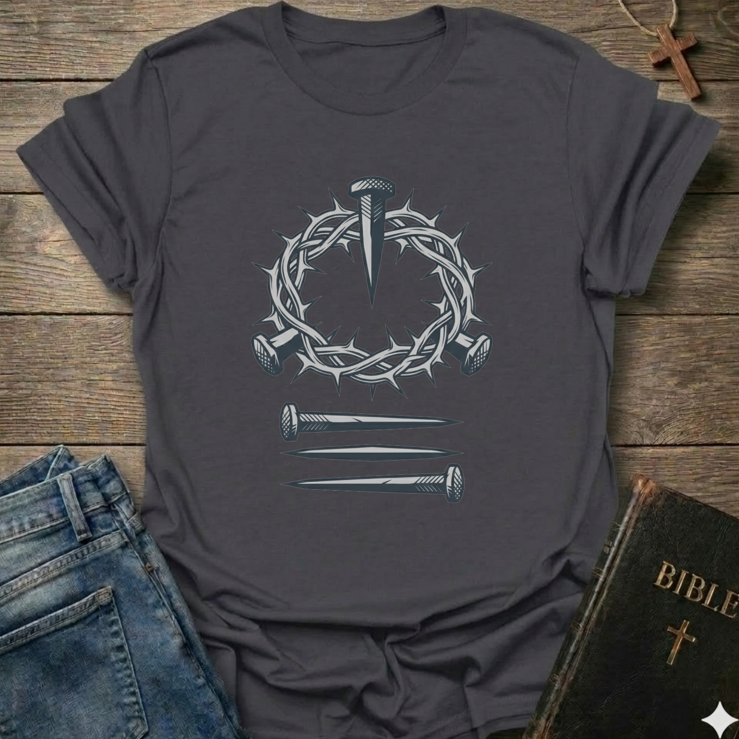Dark gray Christian T-Shirt Gospel faith apparel conversation starter with a crown of thorns and nails design on a wooden surface. 