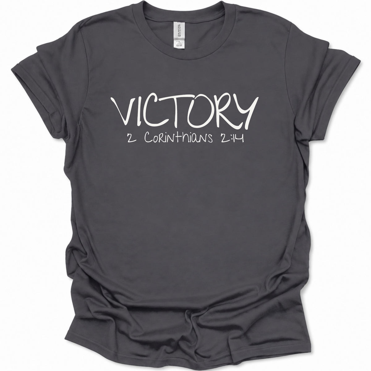 A dark heather gray short-sleeve t-shirt with 'VICTORY 2 CORINTHIANS 2:14' printed in white across the chest, displayed on a clean white background.