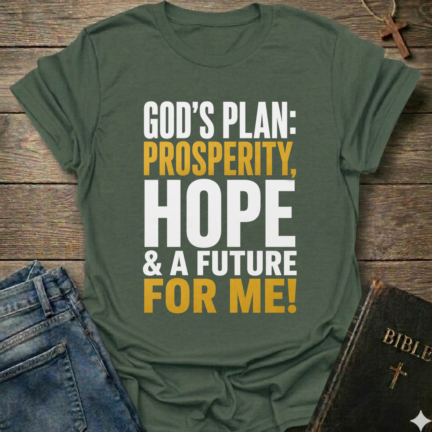 An olive green graphic t-shirt laid flat on a rustic wooden background, styled with blue jeans, a Bible, and a wooden cross. The t-shirt features the text 'GOD'S PLAN: PROSPERITY, HOPE & A FUTURE FOR ME!' in bold white and yellow lettering.