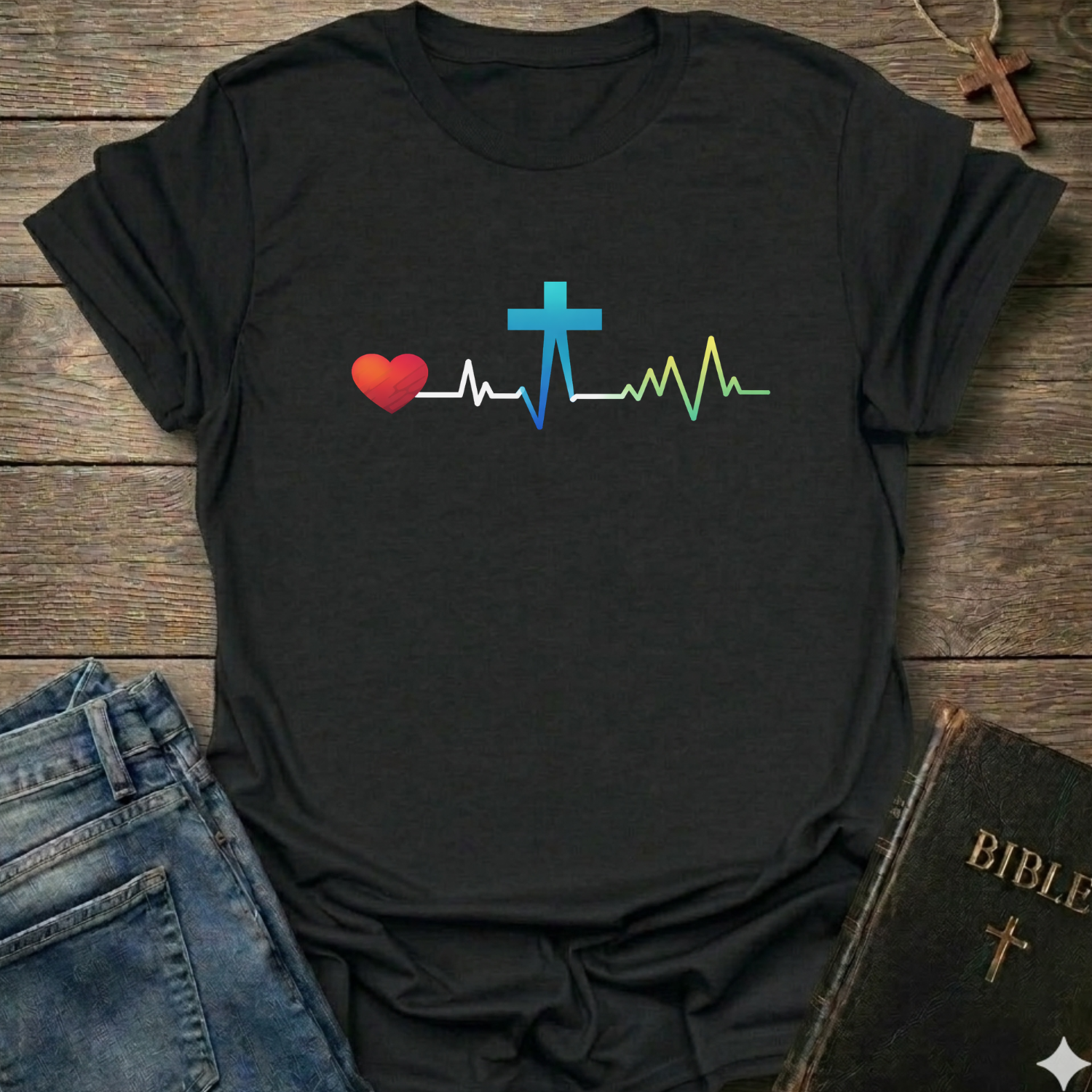 Cross Heart Lifeline Graphic Christian T-Shirt bold faith apparel Faith Forward