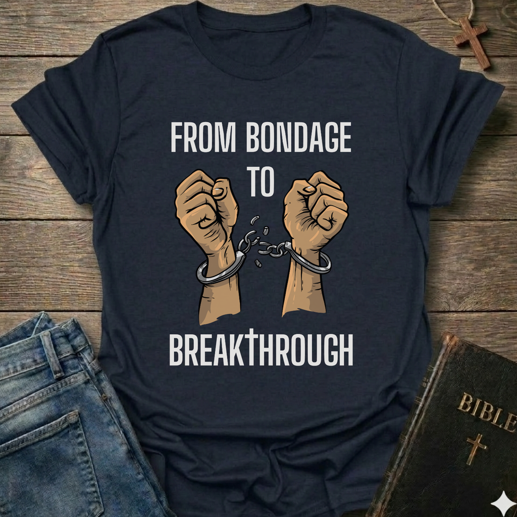 Navy blue t-shirt with text 'From Bondage to Breakthrough' Christian T-Shirt and broken chains graphic faith apparel conversation starter
on a wooden surface.