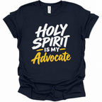 A navy blue short-sleeve t-shirt with a graphic print on the front reading 'HOLY SPIRIT IS MY Advocate' in white and yellow lettering, displayed on a clean white background.