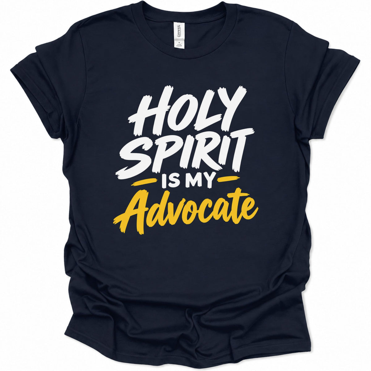 A navy blue short-sleeve t-shirt with a graphic print on the front reading 'HOLY SPIRIT IS MY Advocate' in white and yellow lettering, displayed on a clean white background.