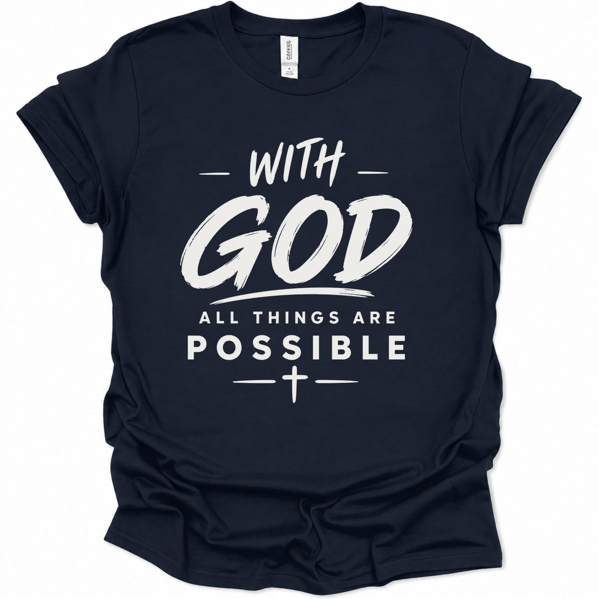 A navy blue short-sleeve t-shirt with a white graphic print that reads 'WITH GOD ALL THINGS ARE POSSIBLE' and a cross symbol, shown on a plain white background.