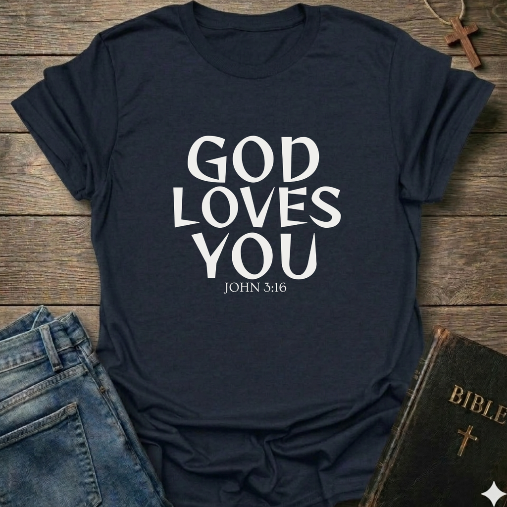 Navy blue t-shirt with 'GOD LOVES YOU' John 3:16 text Christian bold faith apparel Faith Forward on a wooden surface with jeans and a Bible.