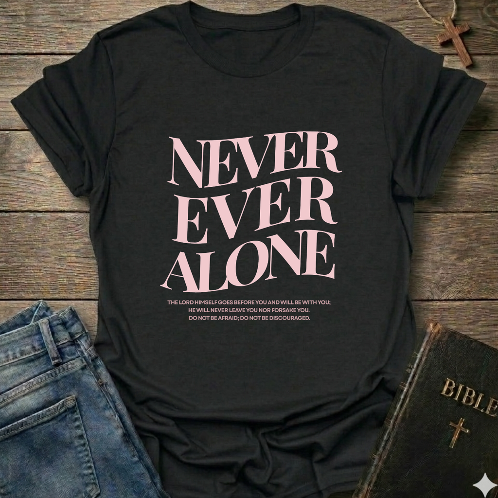 Black t-shirt with 'Never Ever Alone' text on a wooden surface with jeans and a Bible. Never Ever Alone Never Forsaken Christian T-Shirt Deuteronomy 31:8 bold faith apparel Faith Forward