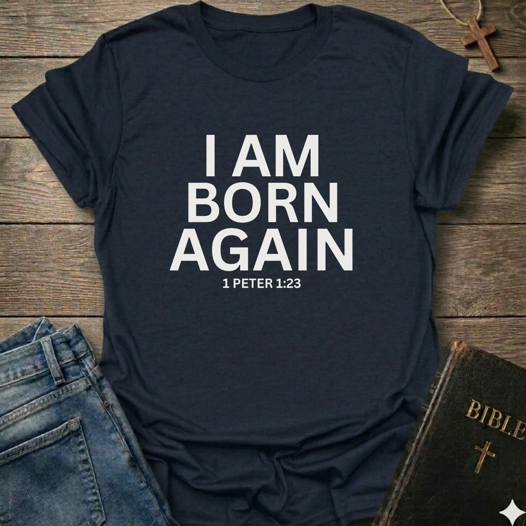 Navy blue t-shirt with 'I AM BORN AGAIN 1 PETER 1:23' text I Am Born Again Christian bold faith apparel conversation starter on a wooden surface with jeans and a Bible.
