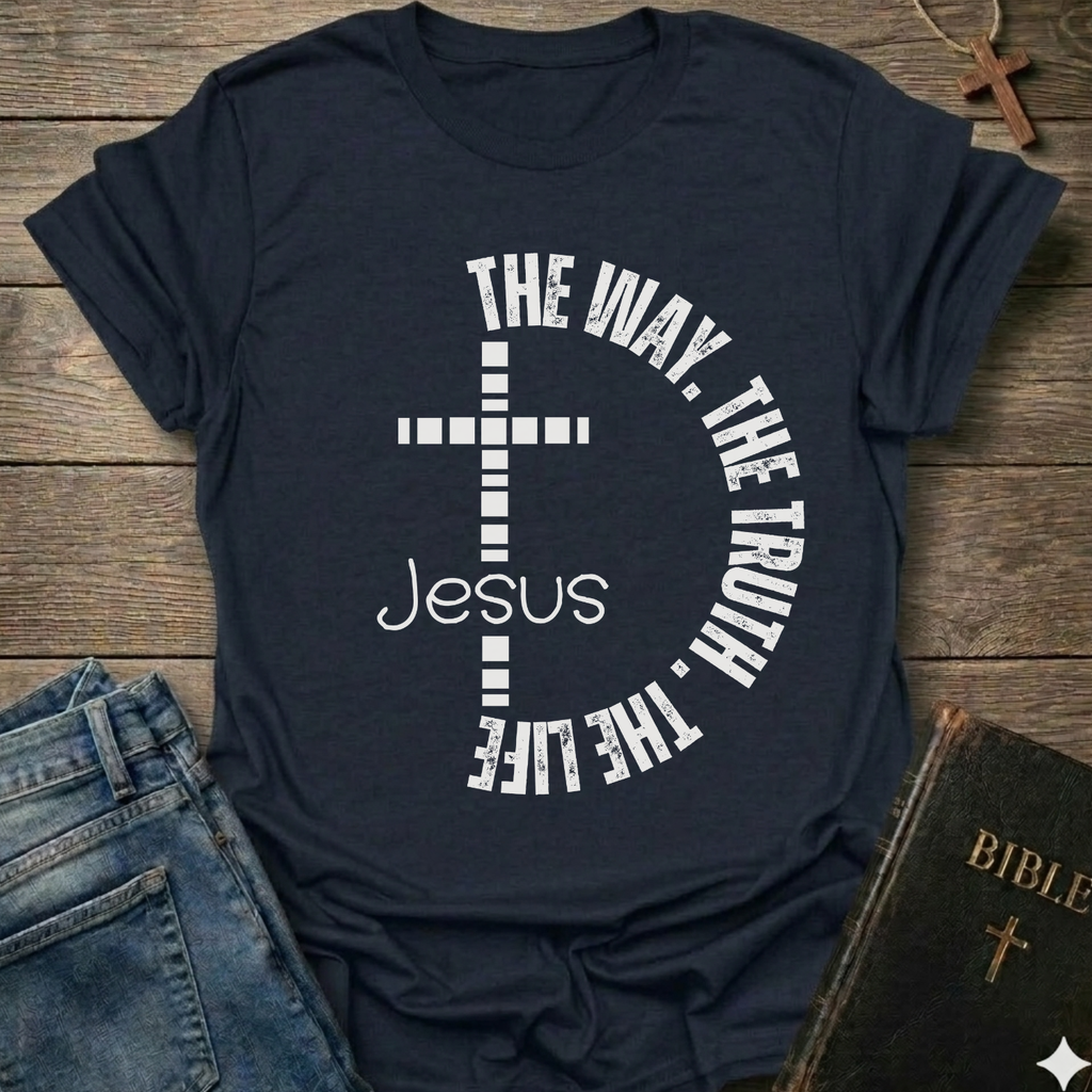 Navy blue t-shirt with a cross and text  "Jesus The Way The Truth The Life Cross Circle John 14:6" Christian faith apparel Faith Forward. It is on a wooden surface with jeans and a Bible.