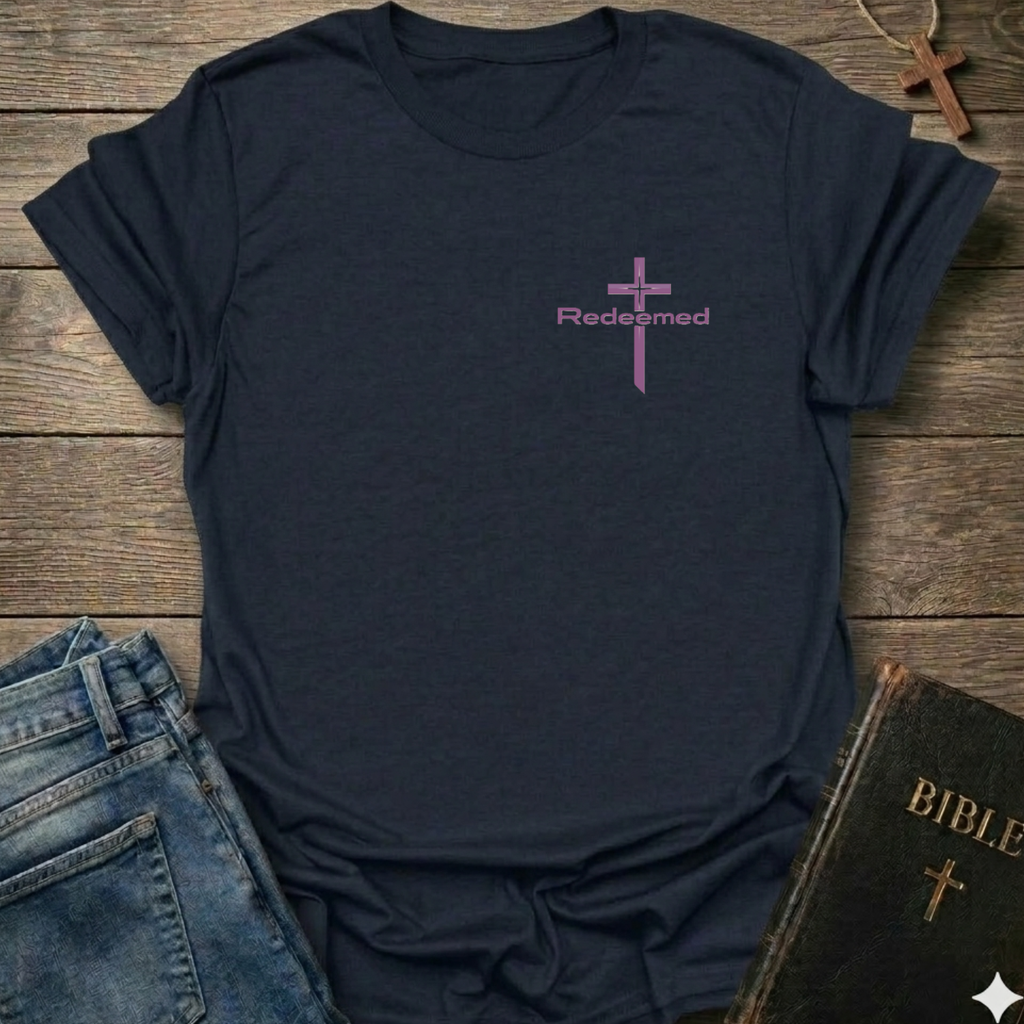 Navy t-shirt with a purple cross and 'Redeemed' text Christian minimal faith apparel Faith Forward on a wooden surface with jeans and a Bible.